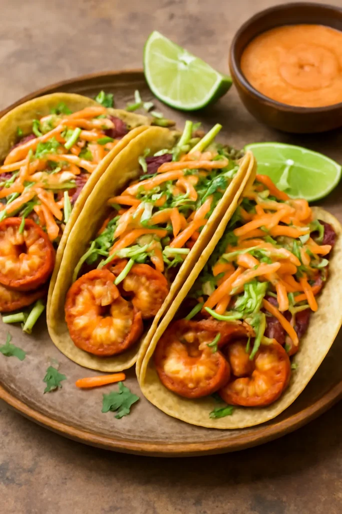 Baja Shrimp Tacos with Honey Lime Slaw and Spicy Sauce