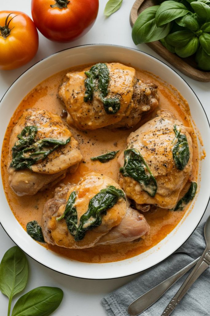 Chicken Thighs with Creamy Tomato Basil Spinach Sauce