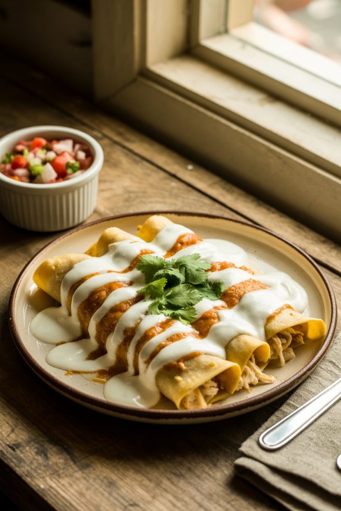 Creamy Chicken Enchiladas in Sour Cream White Sauce