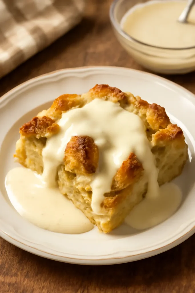 Grandma Old Fashioned Bread Pudding with Vanilla Sauce