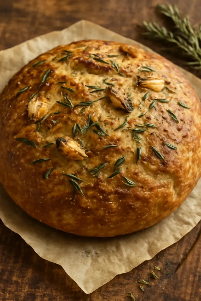 No Knead Roasted Garlic Rosemary Bread