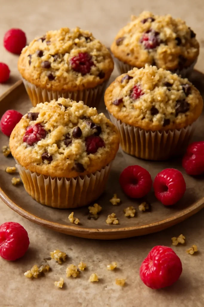 Raspberry and Chocolate Chip Muffins with Crumble Topping